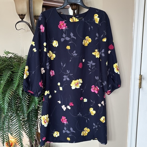 NWOT Ann Taylor Floral Print Navy Blue Shift Dress 3/4 Sleeves Easter Spring - Picture 1 of 13